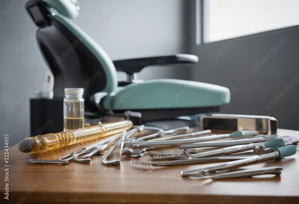 Top down view on various dental instruments such as syringe, toothbrushes, false teeth, pliers, mouth mirror, floss, picks, drill, scissors and mask Top down view on various dental instruments such as syringe, toothbrushes, false teeth, pliers, mouth mirror, floss, picks, drill, scissors and mask