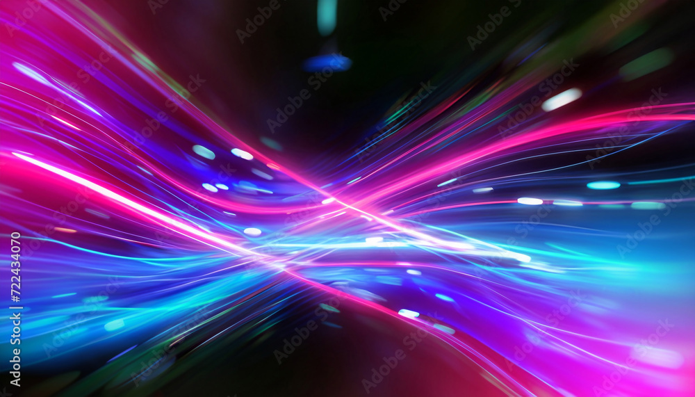 Abstract futuristic background with pink blue neon lines glowing in ultraviolet light, and bokeh lights.