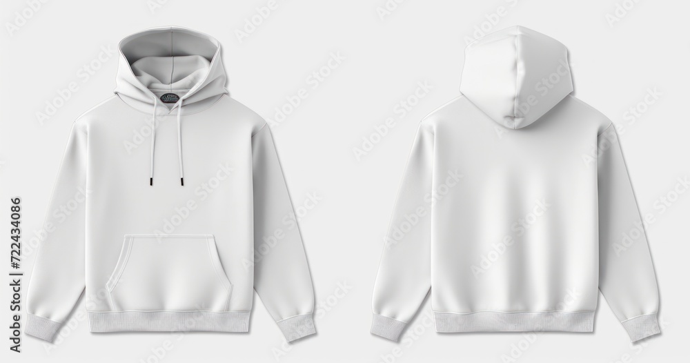 Template blank flat white hoodie. Hoodie sweatshirt with long sleeve flatlay mockup for design and print. Hoody front and back top view isolated on white background Template blank flat white hoodie. Hoodie sweatshirt with long sleeve flatlay mockup for design and print. Hoody front and back top view isolated on white background
