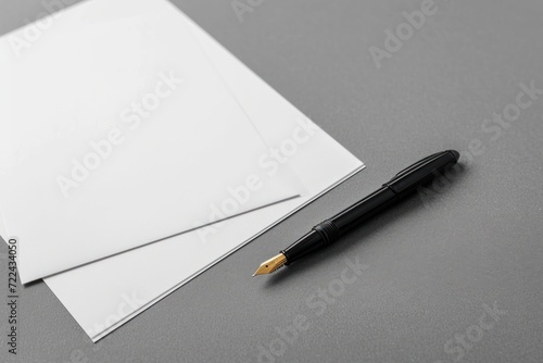 White blank sheets of a4 paper size or documents mockup with pen on a gray background. Template for design