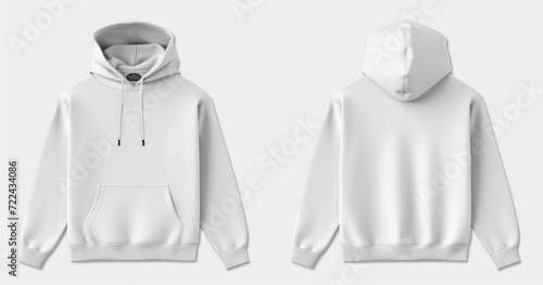 Template blank flat white hoodie. Hoodie sweatshirt with long sleeve flatlay mockup for design and print. Hoody front and back top view isolated on white background