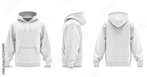 Template blank flat white hoodie. Hoodie sweatshirt with long sleeve flatlay mockup for design and print. Hoody front and back top view isolated on white background photo