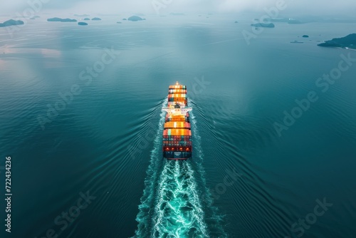 Container ship full speed sailing in sea for transporting cargo logistic import and export goods internationally around the world, including Asia Pacific and Europe, Aerial view photo