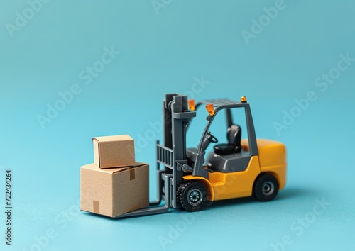 Miniature toy forklift and laptop with boxes on blue background. Logistics, transportation, delivery