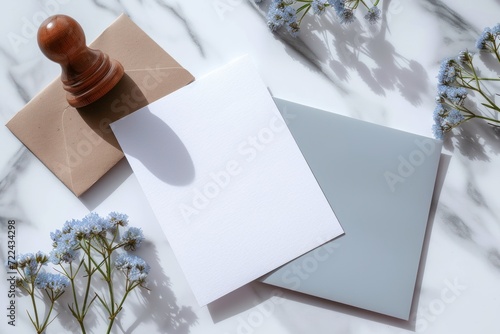 Greeting card on white marble backgound. Top view.