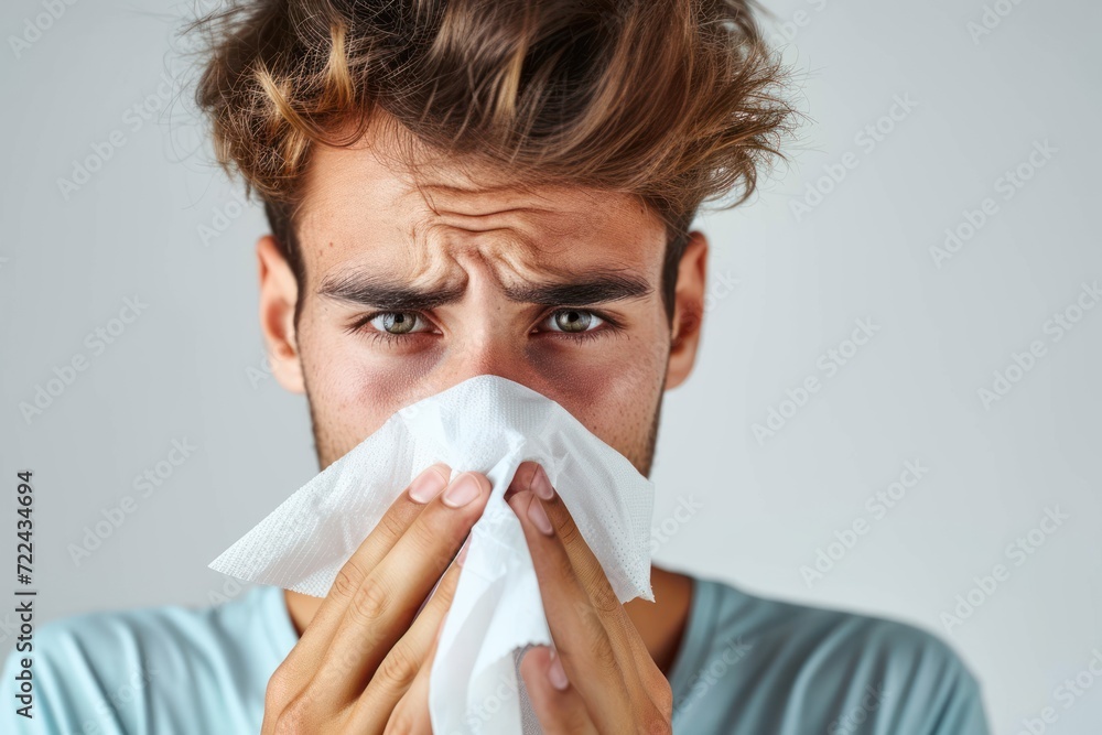 Wipe nose, tissue and portrait of man in studio with flu allergy, sickness and virus on white background. Handkerchief, mockup space and face of male person for hayfever, cold and sneeze for sinus