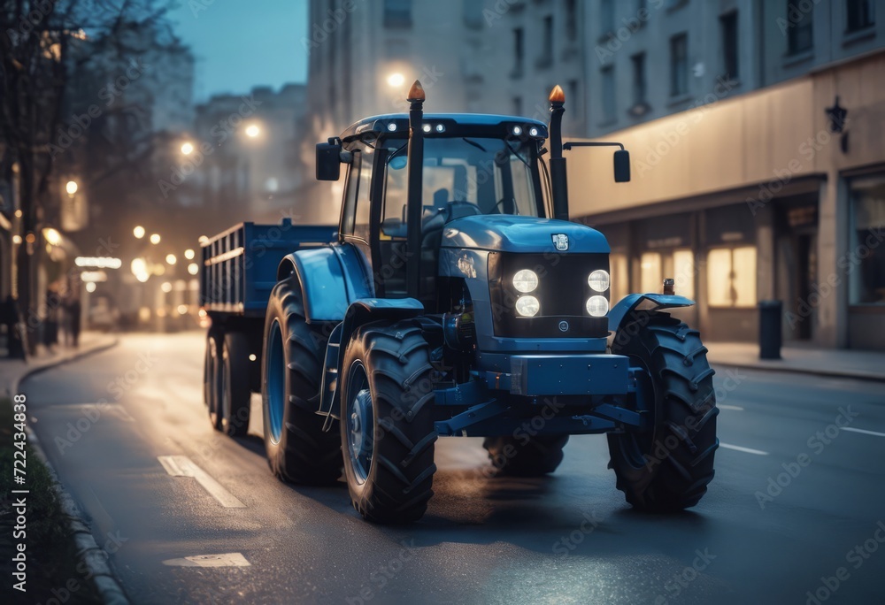 Blue tractor on the road with front loader up in the air buildings within background city Blue tractor on the road with front loader up in the air buildings within background city