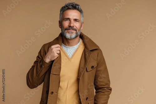 Handsome smiling bearded man holding brown autumn jacket, looking away isolated on beige background. Portrait of successful middle aged fashion model posing for pictures, studio shot