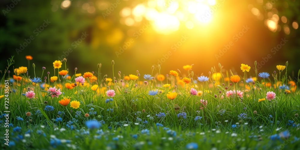 Colorful Wildflowers at Sunset in a Lush Meadow