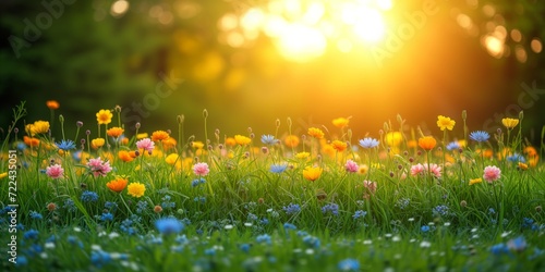 Colorful Wildflowers at Sunset in a Lush Meadow photo