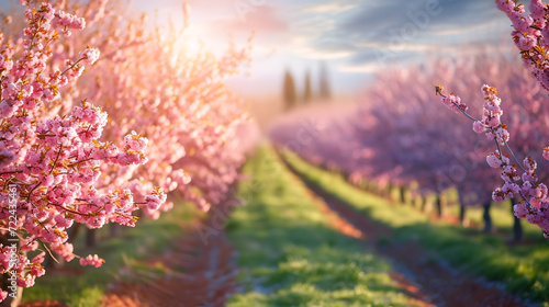 A picturesque orchard in its full glory, with vibrant blossoms adorning neatly lined rows of bountiful fruit trees. The epitome of natural beauty and abundance.