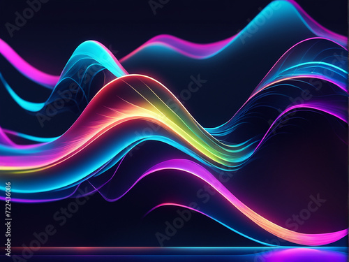 The image is an abstract 3D render of neon wave with flowing lines of rainbow colors.