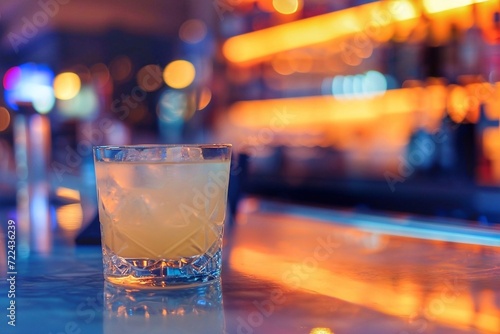 Alcoholic cocktail drink on bar counter in night club with bokeh background