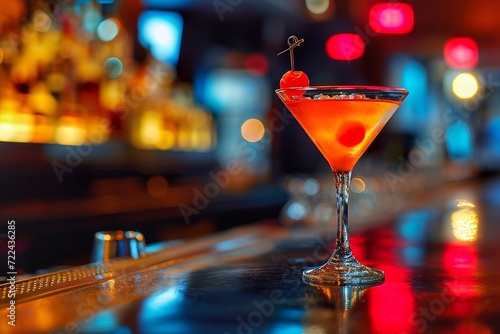 Cocktail with cherry. Cocktail on the bar counter in a nightclub.