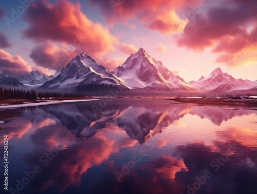 Beautiful mountains reflected in lake with a cloud reflection and sunrise