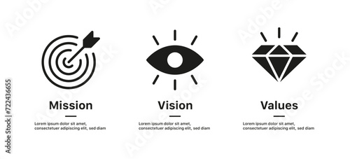Mission, Vision and Values icon set. company purpose flat icons , diamond, eyesight, target, icon symbol. business creative concept with 3 steps. web page template