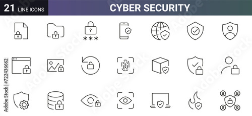 Security line icons Data protection symbol. Cyber security icon set, password, secured, privacy, locked, unlock, file, pin code, firewall, scan eye, fingerprint, Shield check mark icon. Vector element