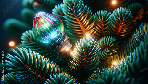 A close up of a christmas tree with lights. Concept Christmas Lights