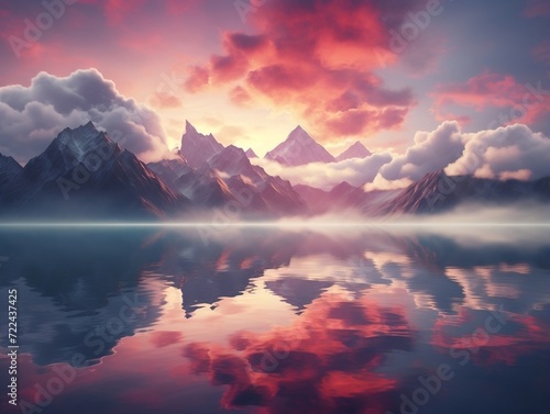 Beautiful mountains reflected in lake with a cloud reflection and sunrise