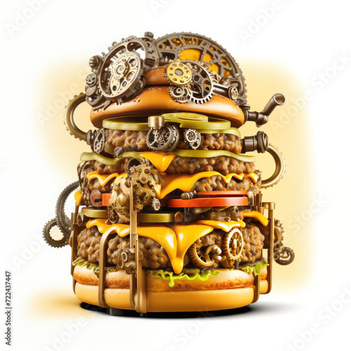 Cheeseburger in steampunk style. Abstract illustration. AI created.
