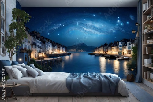 A 3D mural wallpaper depicting a starry night sky over a European coastal town, with pearl flowers glowing softly along the shoreline, creating a peaceful and dreamy atmosphere. 8k © Muhammad