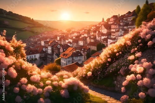 Papier peint A sunrise over a European hilltop town, with streets lined with pearl flowers glowing in the soft morning light, creating a picturesque scene