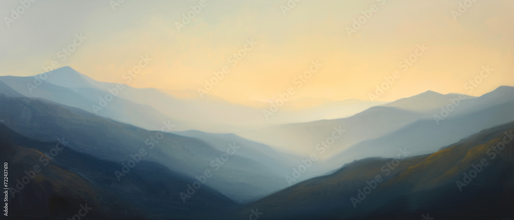 Minimal oil painting of mountain landscape at dawn.