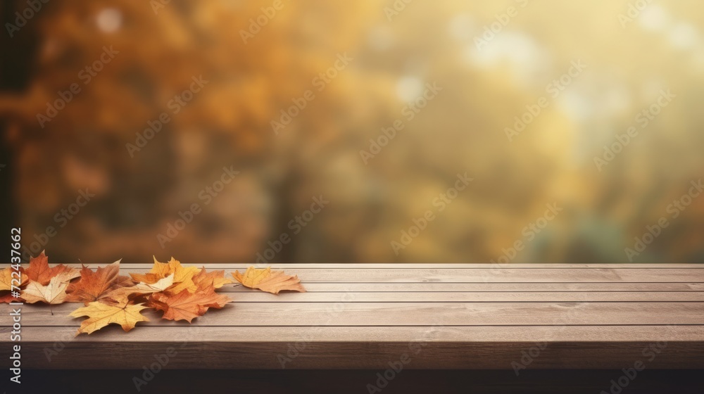 Autumn background with falling leaves and empty wooden table, ideal for product placement. Neural network AI generated art Autumn background with falling leaves and empty wooden table, ideal for product placement. Neural network AI generated art