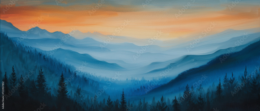 Minimal oil painting of mountain landscape at dawn.
