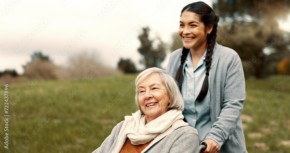 Happy, senior woman and outdoor with caregiver, nurse or healthcare service for person with a disability and wheelchair. Face, smile and elderly lady in park with care or support in retirement - obrazy, fototapety, plakaty 