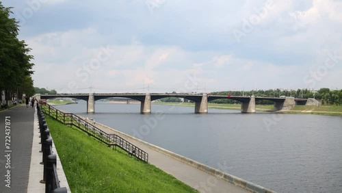 Wallpaper Mural Embankment with unrecognizable walking people near bridge and river Torontodigital.ca