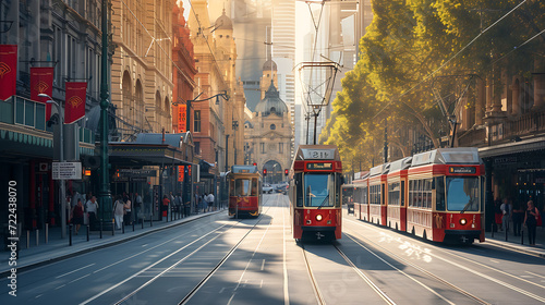 Vibrant city street lined with beautifully preserved historic buildings, buzzing with activity as vintage trams glide past. A perfect blend of history and modern urbanism. photo
