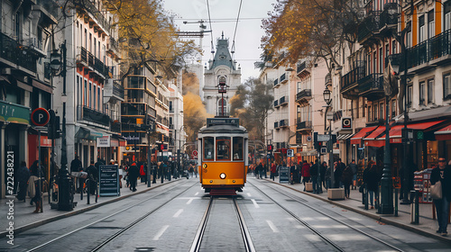 Explore the vibrant charm of a bustling city street lined with stunning historic buildings, as charming trams gracefully glide through. Immerse in the perfect fusion of tradition and modernity.