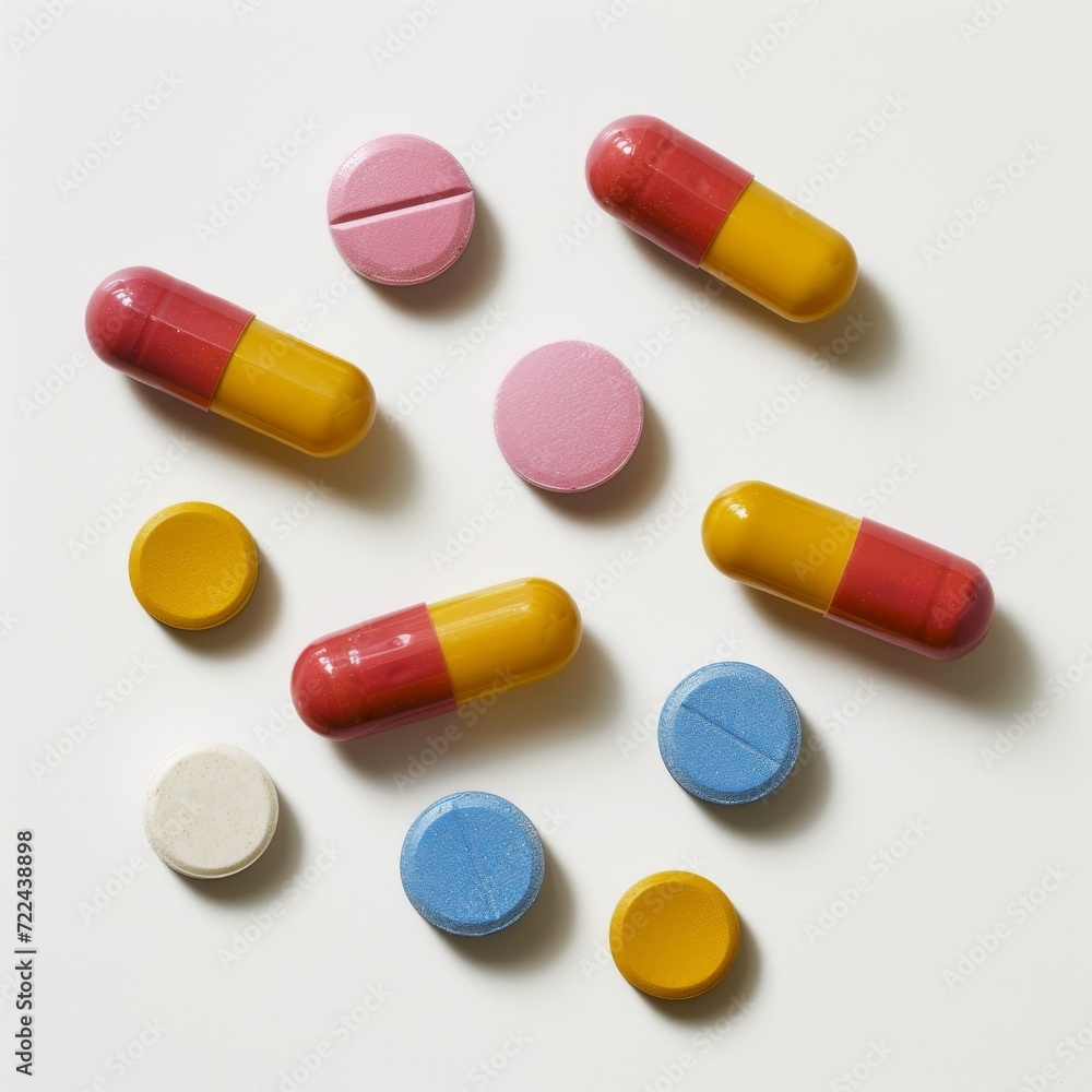 assorted pills scattered on clean white surface, Generative AI assorted pills scattered on clean white surface, Generative AI
