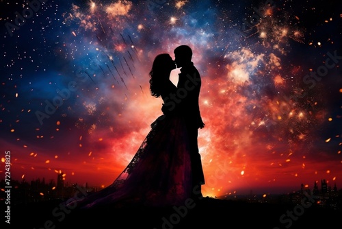 Couple kissing silhouette of fireworks at night romantic background