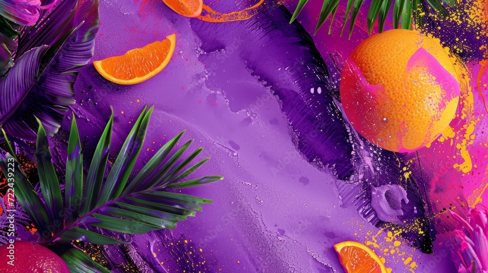Creative layout made of tropical leaves, fruits and splashes on purple background. Orchid Funk color