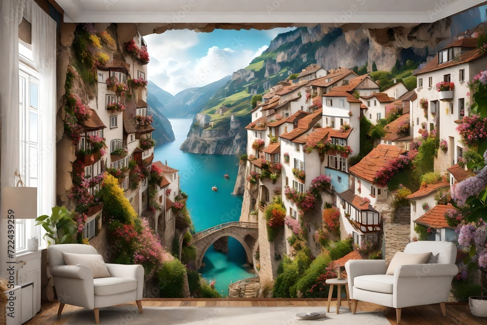 A 3D mural wallpaper featuring a panoramic view of a European cliffside village, with pearl flowers adorning the balconies and streets, adding a touch of whimsy and charm. 8k - obrazy, fototapety, plakaty 