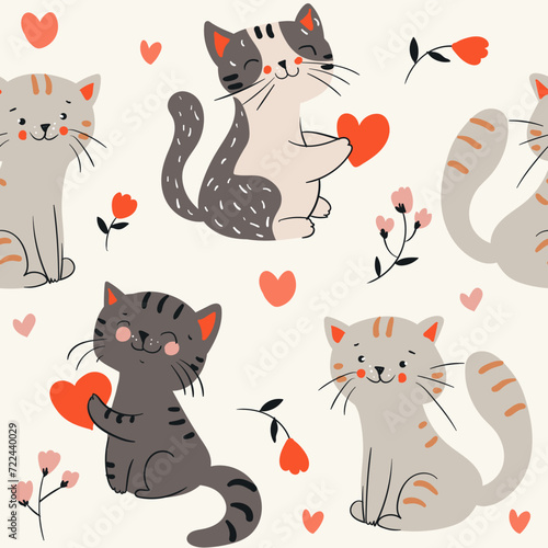 Seamless pattern with cute colorful Kittens. Creative childish pink texture. Great for fabric, textile Vector Illustration