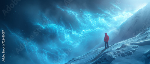 Man climbing a snowy mountain, conquers the summit and encounters a path of glowing particles. Conquering the summit even though the route is not always easy. Artistic and surreal illustration. photo