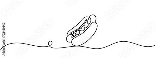 One line continuous hot dog fast food symbol concept. Silhouette of buns with sausage and mustard unhealthy snack. Digital white single line sketch drawing vector illustration