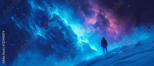 Man climbing a snowy mountain, conquers the summit and encounters a path of glowing particles. Conquering the summit even though the route is not always easy. Artistic and surreal illustration. photo