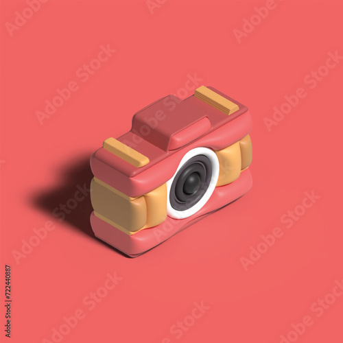 Photo camera 3d render illustration. Pink and orange compact digital photocamera with lens and flash.