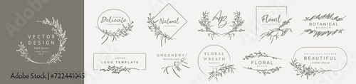 Logo templates with wild plant botanical elements. Elegant vector floral frame for labels, business identity, wedding invitation, save the date, branding