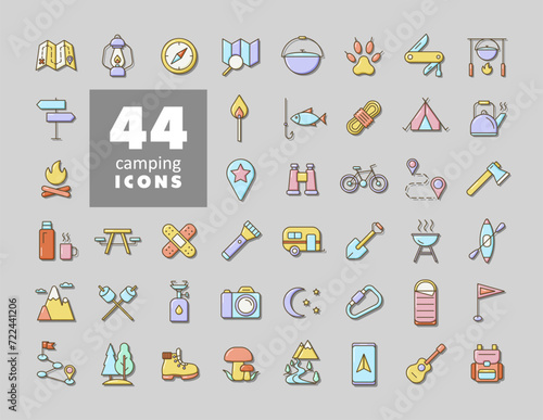 Camping, Hiking and Outdoor Activities icons set