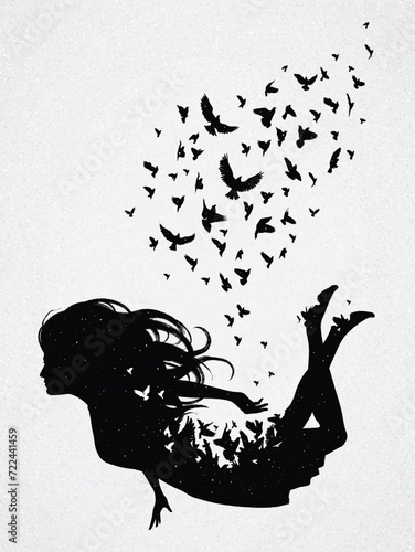 Falling girl. Rooftop jump, suicide. Death and afterlife. Flying birds