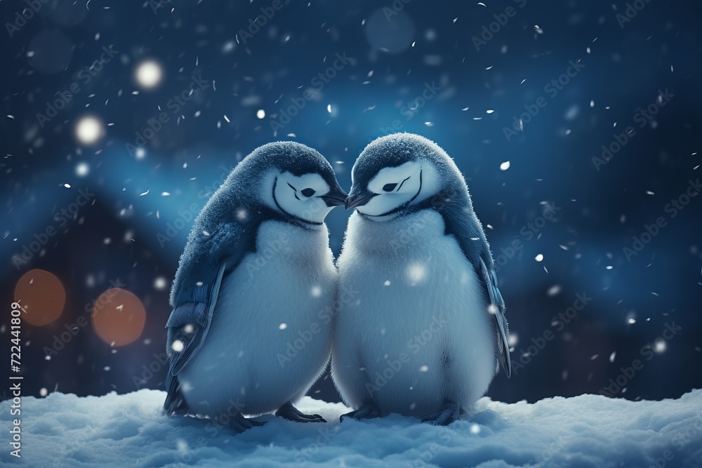 Adorable penguins playing in the arctic habitat with ample copy space for text and design elements Adorable penguins playing in the arctic habitat with ample copy space for text and design elements
