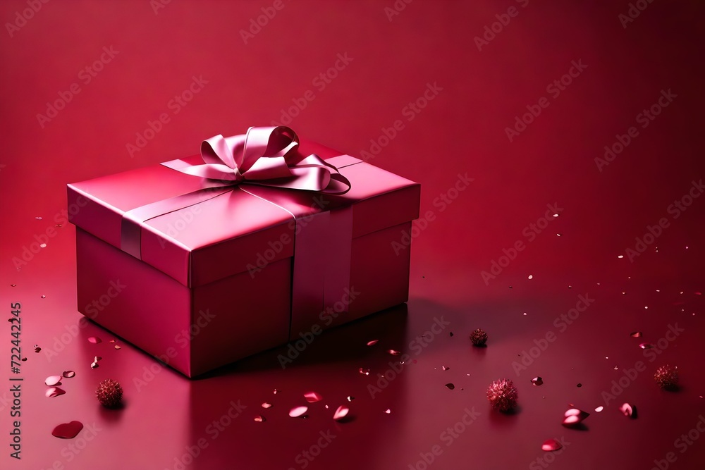 A sleek New Year's concept with a solitary pink gift box against a deep red backdrop, embodying a modern and minimal aesthetic. Include a clipping path for the 3D rendered elements. 8k A sleek New Year's concept with a solitary pink gift box against a deep red backdrop, embodying a modern and minimal aesthetic. Include a clipping path for the 3D rendered elements. 8k