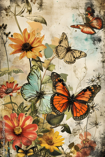 Vintage botanical butterflies  colorful accents  artistic illustration  decorative art