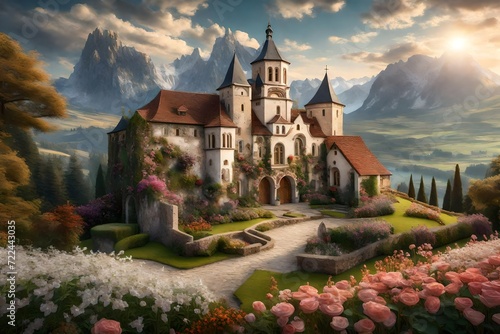 A 3D mural wallpaper of a hilltop monastery, surrounded by gardens of pearl flowers, blending spiritual serenity with natural beauty in a harmonious composition. 8k