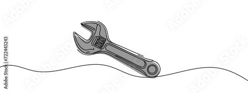 One mechanical wrench for nuts drawn in one continuous line black color isolated on white background. Style of self drawing